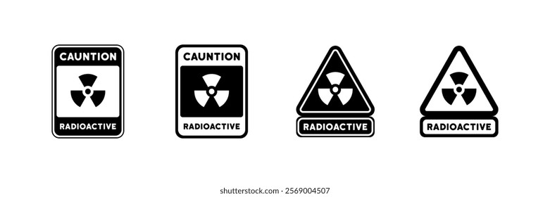 Caution radioactive sign icons. Linear and silhouette style. Vector icons.