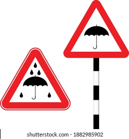 Caution rain slippery road. Silhouette logo sign. Vector illustration. Humor. Road sign umbrella in red triangle