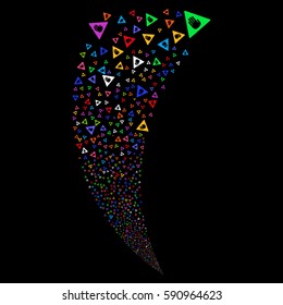 Caution random fireworks stream. Vector illustration style is flat bright multicolored iconic symbols on a black background. Object fountain constructed from scattered design elements.