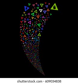 Caution random fireworks stream. Vector illustration style is flat bright multicolored iconic symbols on a black background. Object fountain organized from scattered symbols.