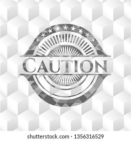 Caution realistic grey emblem with geometric cube white background