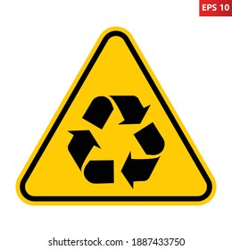 Caution recycling area. Vector illustration of yellow triangle warning sign with recycle icon inside. Mandatory recycling symbol. Eco, environment concept isolated on white background.