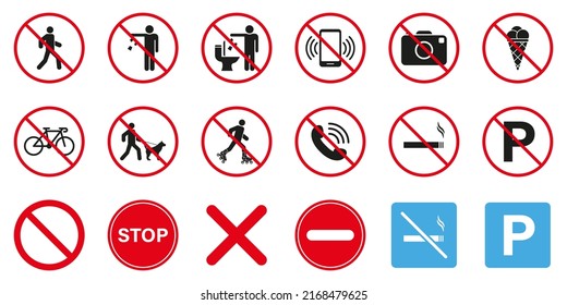 Caution Red Stop Circle Symbol Set. Forbidden Pictogram. Warning No Allowed Parking Sign. Attention Restriction Zone Black Silhouette Icon. Prohibited Ban Collection. Isolated Vector Illustration.