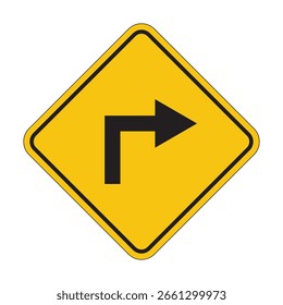 Precaución Gire a la derecha por delante de la señal de tráfico en el fondo amarillo brillante