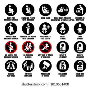 Caution round signs of kids, pregnant women, people with children. Child seat, lock, health, lifejacket symbols with warning information