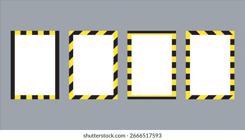 Cuidado segurança borda quadro vetor conjunto com listras de perigo amarelo e preto. Modelo de sinal de aviso industrial para construção, aviso de segurança, alerta de perigo, risco de local de trabalho e sinalização de proteção.