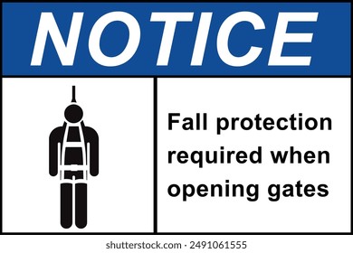 Caution Safety Harness Required. Safety sign marking label, symbol pictogram standards warning fall hazard approved, fall protection equipment. Notice fall hazard zone fall sign with symbol.