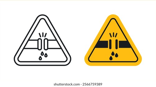 Caution safety leak of water or chemical material signs in black outline, solid and colored style