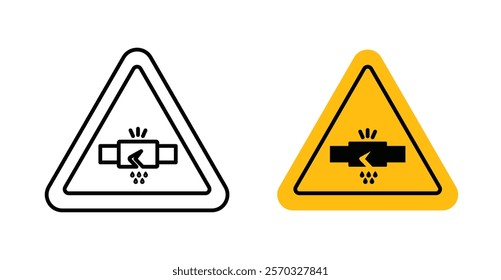 Caution safety leak of water or chemical material signs vectors set in black. line and flat versions