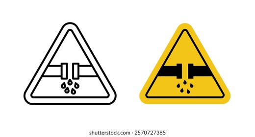 Caution safety leak of water or chemical material signs vectors set in black and red colors on white background.