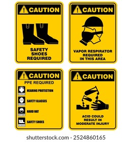 Caution, safety shoes, acid could, safety glasses, sign vector