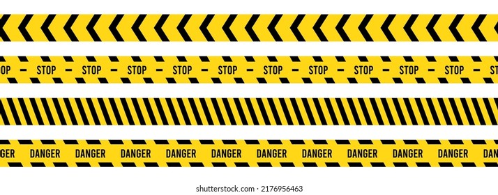 Caution, safety tape. Yellow, black stripe danger tape for atterntion, hazard ribbon. Police, construction area sign banner, barrier symbol. Vector illustration.