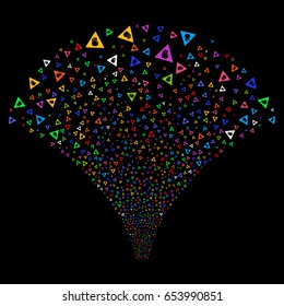 Caution salute stream. Vector illustration style is flat bright multicolored iconic symbols on a black background. Object source fountain made from random symbols.