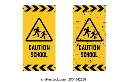 Caution school informational sign. Attention kids hazard banner. Yellow and black grunge background. Vector illustration