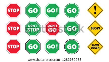 Caution school kids, stop and go area sign and slow down icon Do not enter or cross zone signs Don't stop dont entry road No walk or walking icons Traffic halt pictogram Safety first to pass over