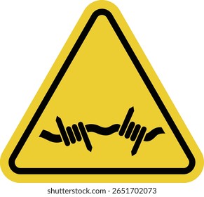 Caution sharp edge. Barbed wire sign. May cause injury on contact. Beware of dangerous fence. Closed areas. Warning yellow triangle road sign.