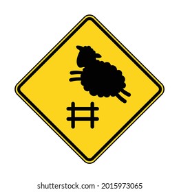 CAUTION, SHEEP JUMPING OVER THE FENCE traffic sign. Humorous funny road sign. Ideal for poster, postcard, print apparels. Scalable Vector illustration EPS 10.