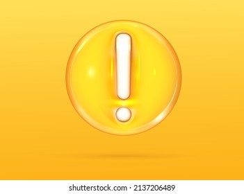 Caution sign 3d. Hazard warning yellow sticker. Danger, attention and important exclamation mark in circle. Realistic vector render design element.