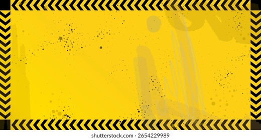 Borda do sinal de cuidado em estilo grunge. Banner de aviso amarelo com listras pretas e mancha de escova e sujeira velha. Vetor horizontal ilustração fundo para polícia, edifício, piso molhado e etc.