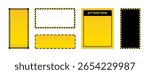 Caution sign border set, yellow rectangle shape with black warning frame, empty template for construction banner, police, attention signature. Caution tape frame in flat style, vector illustration.