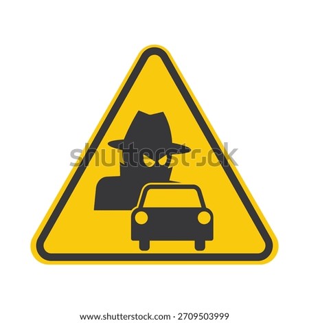 Caution sign a car with a mysterious hat-wearing intruder silhouette, symbolizing vehicle burglary risk, security alert, crime warning, and theft prevention.
