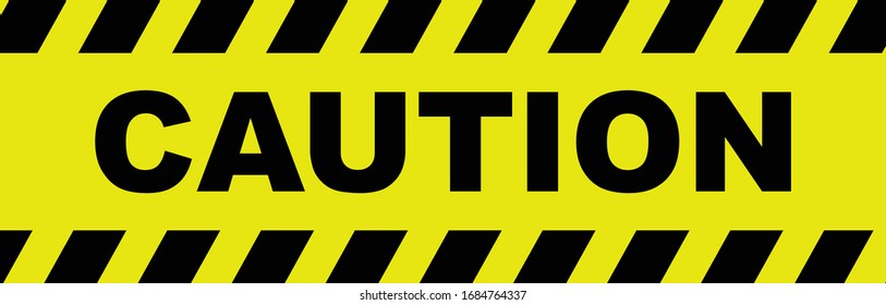 Caution sign at centre between black and yellow ribbons isolated on white background. Yellow circle with an exclamation mark and the text "attention". Design with attention icon for banner