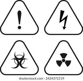 Vorzeichen Gefahr. Ausrufezeichen Dreieck. Ausrufezeichen. Elektrischer Blitz. Chemikalien. Umriss isolierter weißer Hintergrund