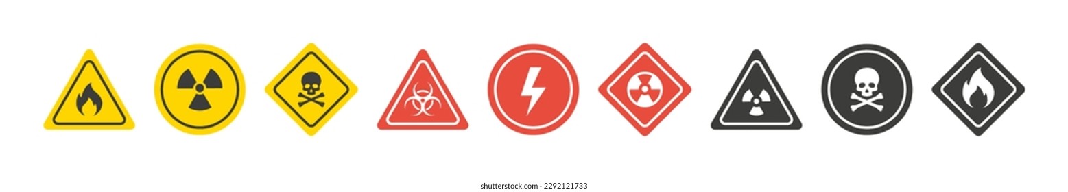 Caution sign. Danger and warning sign icons. Poison toxic biohazard caution skull chemical. Vector illustration.