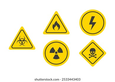 Sinal de cuidado. Ícones de sinais de perigo e aviso. Cuidado tóxico biológico do crânio químico. Ilustração vetorial.