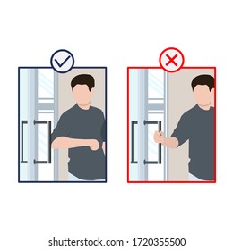 Caution Sign. Do not touch the door with your hand, do it with your elbow. Prevent the spread of the Covid-19 virus. Vector Flat Design.