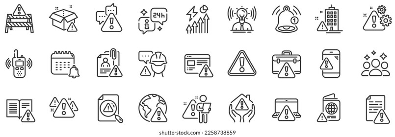 Caution sign, Exclamation mark, Risk attention. Warnings line icons. Danger alert, error caution, urgent information line icons. Safety risk, construction warning, documentation error. Vector