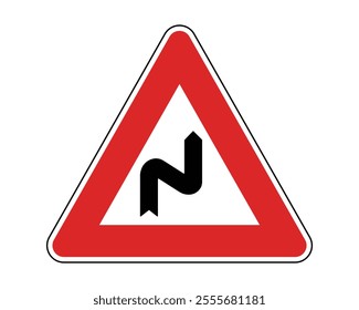 Caution Sign for Hazardous Road Curve, Featuring Red Triangle and Black Winding Road Symbol, Indicating Sharp Turns Ahead, Available as a Vector File