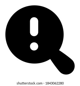 Signo de precaución dentro de la lupa, icono de error de búsqueda