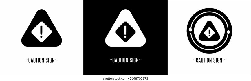 Caution sign logo set. Collection of black and white logos. Stock vector.