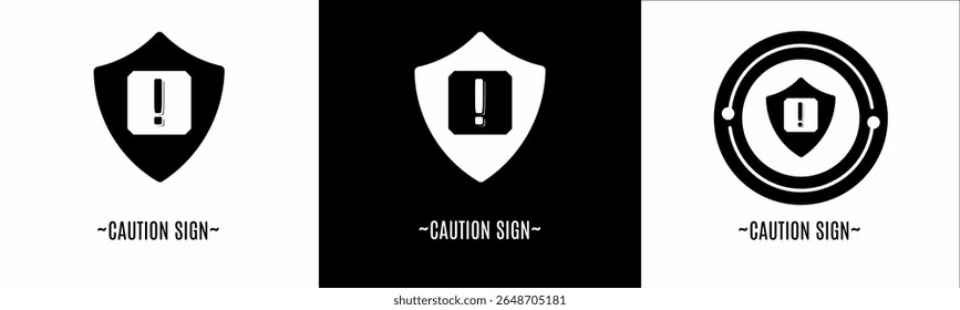 Caution sign logo set. Collection of black and white logos. Stock vector.