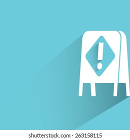 caution sign on blue background, flat and shadow theme