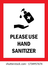 Caution sign. Please use hand sanitizer. Red background. Health care safety advice. Shop, store, hospital.