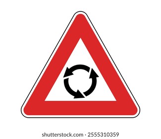 Caution Sign for Roundabout Intersection, Featuring Red Triangle with Black Circular Arrows, Alerting Drivers to Upcoming Roundabout, Available as a Vector File