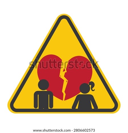 Caution sign shattered red heart with broken fragments symbolizing heartbreak emotional loss separation and romantic grief feelings