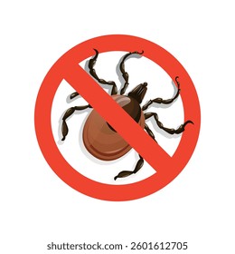 A caution sign warning about mites. Red circle sign with dangerous Lyme tick. Danger alert sign vector illustration against white background