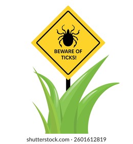 A caution sign warning about mites. Yellow sign with tick silhouette and warning phrase. Danger alert sign vector illustration