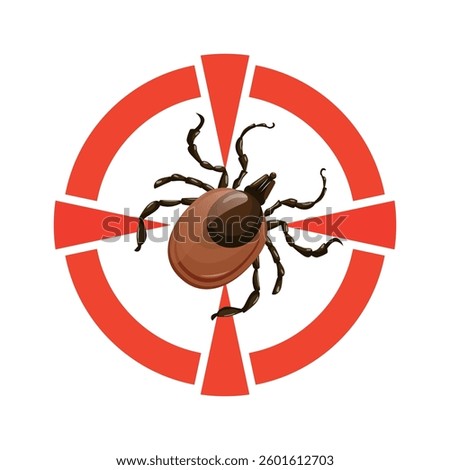 A caution sign warning about mites. Red circle sign with dangerous Lyme tick. Danger alert sign vector illustration against white background