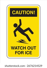 Caution Sign – Watch Out for Ice Winter Slip Hazard Alert with Slipping Person Graphic High-Visibility Yellow Safety Sign for Walkways, Entrances, and Public Zones