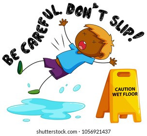 Signo de precaución para suelo húmedo con ilustración de caída de niño
