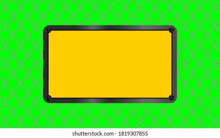 caution sign yellow rectangle placed on steel wire fence on green screen background, fence metal grid, wire iron fence isolated on green, copy space