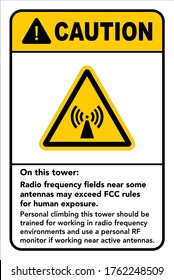 Caution signage for Radio frequency fields near some antennas may exceed fcc rules for human exposure sign on white background and yellow black text. with radiation symbol