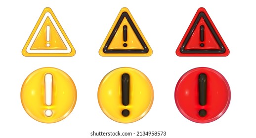 Caution signs 3d set. Hazard warning circle and triangle stickers. Danger, attention and important exclamation mark. Realistic vector render design element.