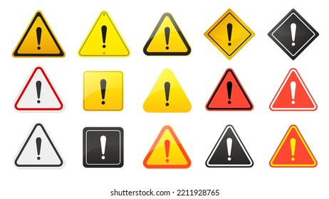 Caution signs. Danger and warning icons set in yellow triangle. Vector symbols