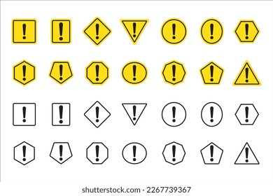 Caution signs. Danger and warning symbol signs. Exclamation mark icon. Collection of exclamation mark various shape signs. vector illustration. Outline yellow black