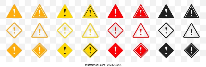 Signos de precaución. Marca de exclamación del icono de atención de advertencia. Colección de signos de precaución. Los símbolos corren peligro. Ilustración vectorial. EPS 10.